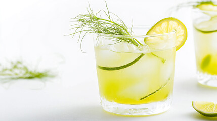 Fototapeta premium Refreshing lime cocktail recipe with ice and fennel garnish perfect for summer drink and party ideas