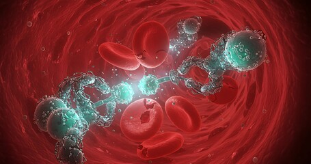 Microscopic view of red blood cells and futuristic nanobots in a bloodstream, repairing damaged red blood cells. Perfect for themes of nanotechnology, medical innovation, and scientific research.