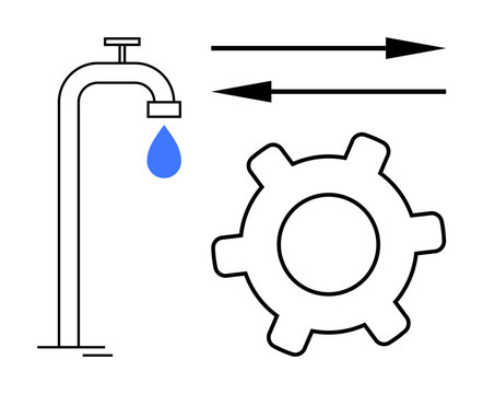Faucet releases water drop next to gear and parallel arrows denoting process efficiency, resource utilization, and system optimization. Ideal for workflow, sustainability, engineering, automation
