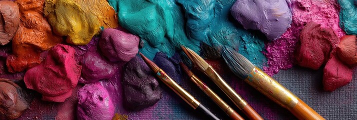 A colorful array of paint and brushes forms a vibrant artistic palette, inviting creativity and expression through a stunning display of color and texture in art.