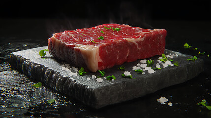 Juicy Steak on Hot Stone with Thyme and Salt