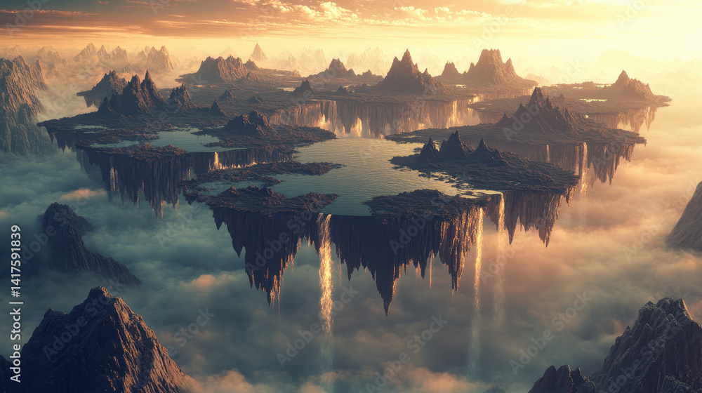 Poster close-up view of an alien mountain range featuring floating islands and cascading waterfalls surroun