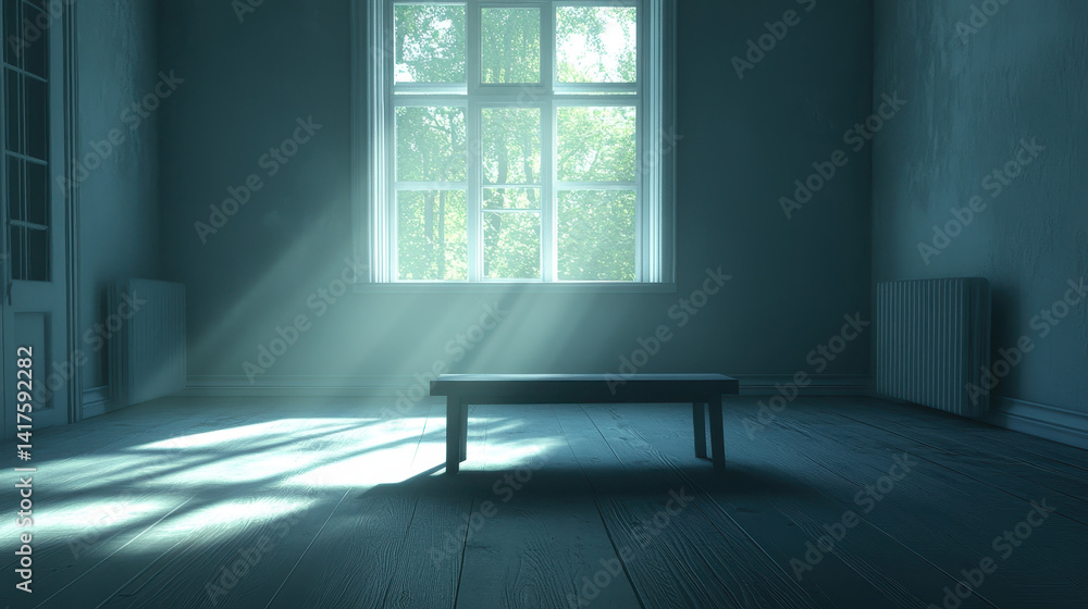 Poster soft light filters into an empty room highlighting simple furniture and shadows, evoking a sense of 