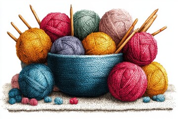 Colorful yarn balls of various sizes and textures are displayed in a visually appealing arrangement.