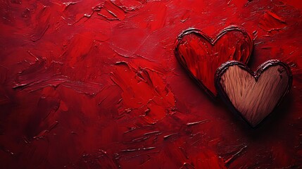 Romantic wooden hearts on red textured background symbolizing love passion emotion affection for valentine wedding and romance

