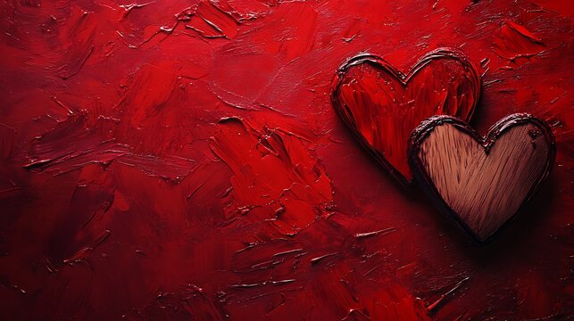 Naklejki Romantic wooden hearts on red textured background symbolizing love passion emotion affection for valentine wedding and romance 