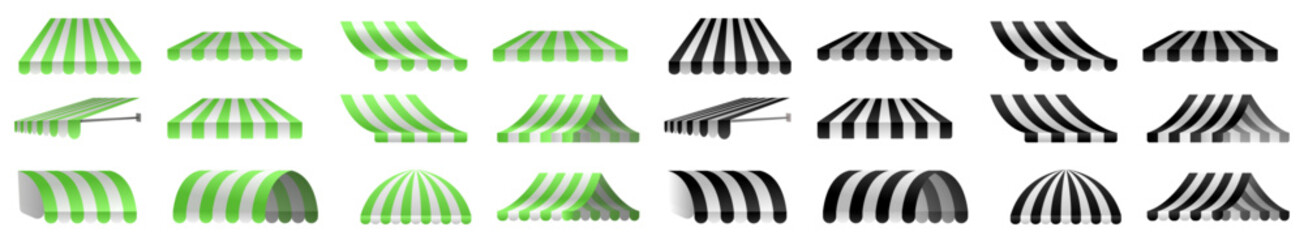 Commercial awning for store. Black and white, white and green striped tent for market, shop with shadows on transparent background. Vector design elements. © Tech LAB