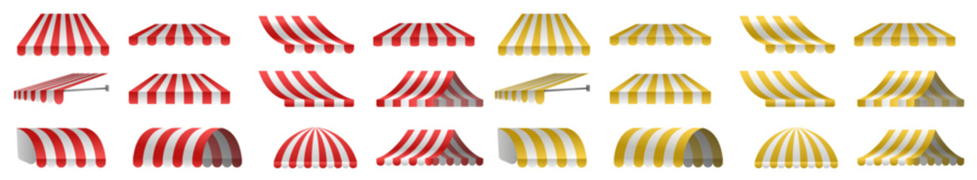Commercial canopy awning for store. White and red, white and yellow striped tent for market, shop with shadows on transparent background. Vector design element.