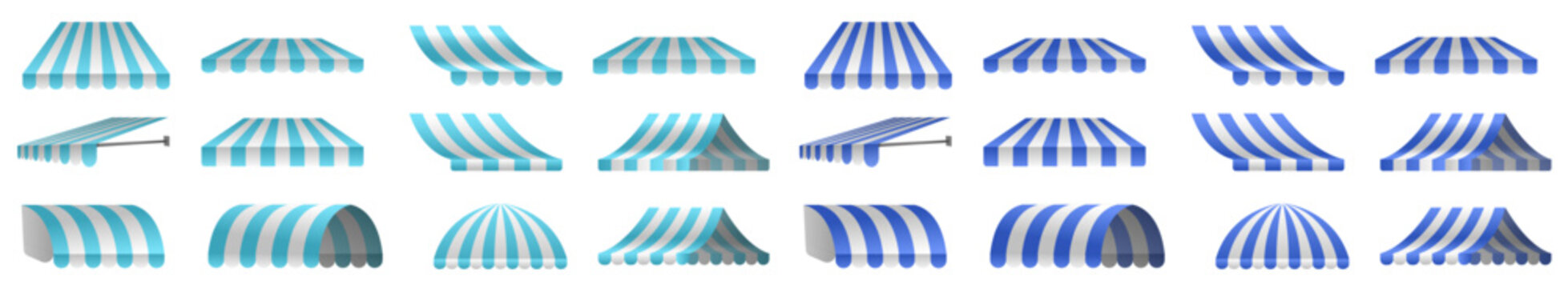 Commercial awning for store. White and blue striped tent for market, ice cream shop and store with shadows on transparent background. Vector design elements.
