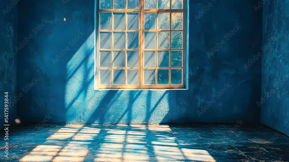 Poster an empty blue room with a large window casting soft shadows and golden sunlight reflecting off the w