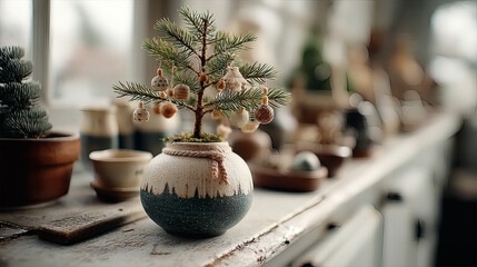 Charming Miniature Christmas Tree in Decorative Pot on Table