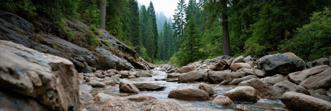 A beautiful rocky stream meanders through a lush, dense forest, showcasing nature’s dynamic flow and the peaceful coexistence of water and stone in serene surroundings.