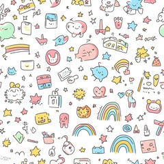 Fototapeta premium Whimsical, pastel-colored pattern of diverse cute doodles.