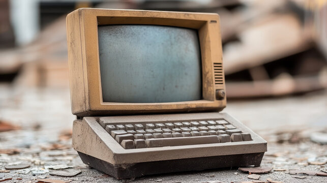 Abandoned computer in a broken forum revealing outdated topics and forgotten digital communities highlighting fading internet history