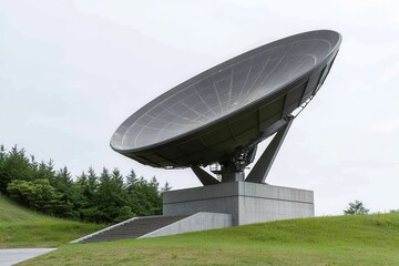 Large Satellite Dish on Concrete Base Surrounded by Greenery