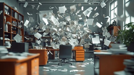 Disarray fills the office space with papers flying.