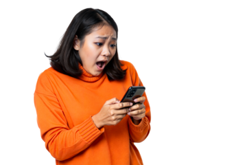 Surprised woman with smartphone expressing shock in casual setting