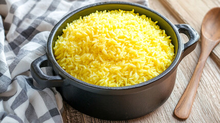 Delicious yellow rice recipe in black pot on wooden table with spoon and cloth for cooking blog food