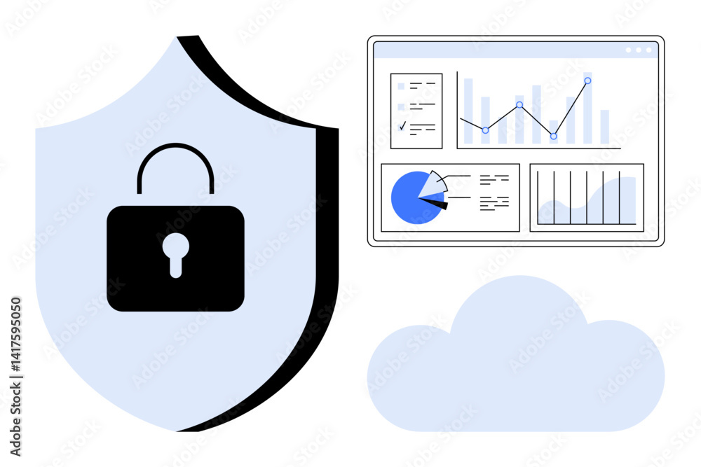 Aufkleber locked shield represents secure data, analytics dashboard with charts and graphs on screen, and clou