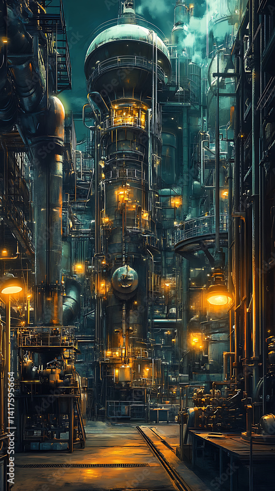 Poster detailed view of industrial factory showcasing intricate oil machinery and towering structures illum