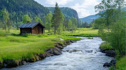 Obraz premium Secluded Cabin by a Mountain River in Norway