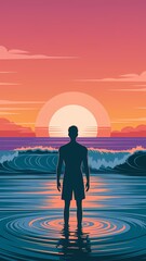 A silhouette of a person standing in the ocean with the sun setting in the background. The image depicts the tranquil and peaceful scene of nature and the person is enjoying the environment