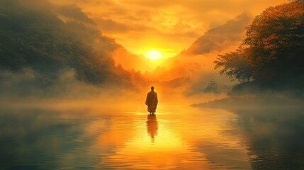 Serene contemplation, a monk in tranquil waters during golden sunset hour