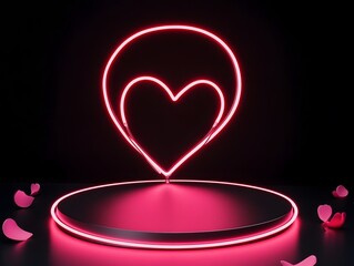 Pink neon heart display on a dark platform.
