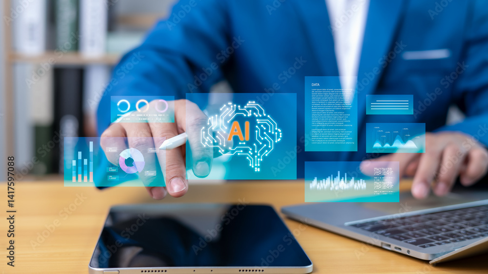 Poster businessman use ai artificial intelligence automation in their daily lives to help analyze data and 