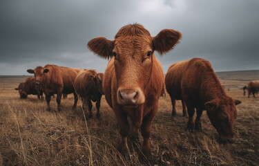 Fototapeta premium A gentle close-up of a cow and her calf walking through tall grass in a quiet pasture, capturing the warmth of rural life and the bond between animals in a serene countryside setting.
