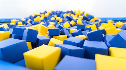 Colorful foam cubes at trampoline park, ideal for recreational activities and children's play area
