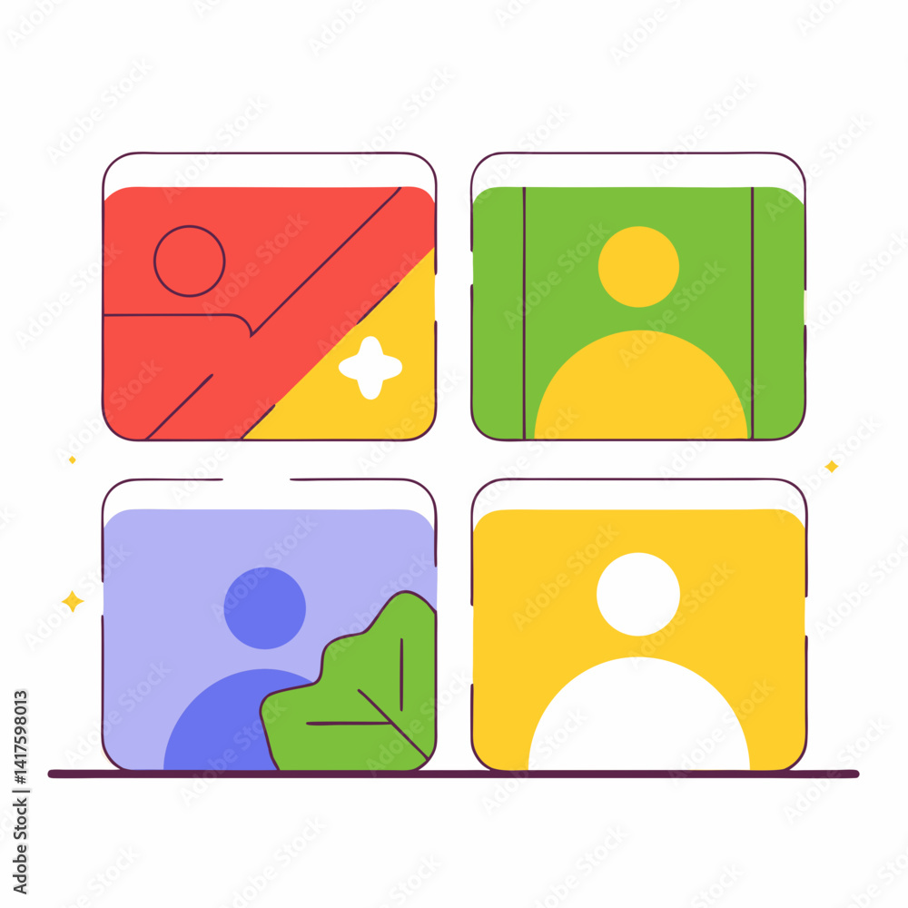 Aufkleber colorful abstract design featuring four blocks with different shapes and colors, evoking creativity 