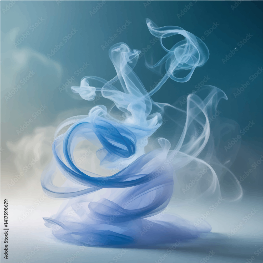Poster a soft blue smoke wave with a smooth curve flows on a white background, creating an abstract design