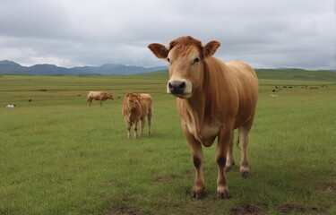 Cows roam freely across the expansive pastureland, with calves nestled nearby, offering a glimpse into responsible animal husbandry and ethical cattle raising.

