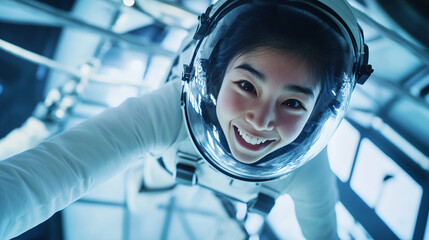 Smiling astronaut in spacesuit exploring space station future of space travel and exploration research