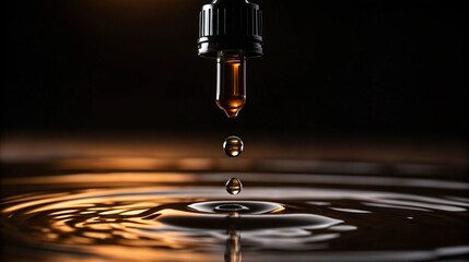Skincare routine toner night concept, A dropper releasing a droplet into calm water, creating ripples against a dark background.