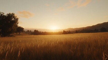 Fototapeta premium Golden hour paints a tranquil landscape with rural fields and soft skies