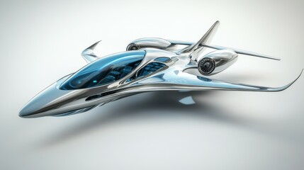 A futuristic airplane with a blue and silver design