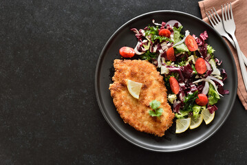 Chicken schnitzel and vegetable salad on plate