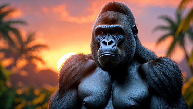 Majestic gorilla silhouetted against a vibrant sunset