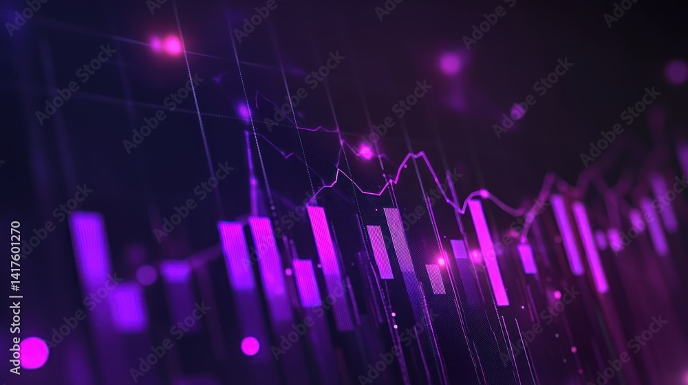 Aufkleber abstract finance visualization with glowing line chart and bar graph in purple