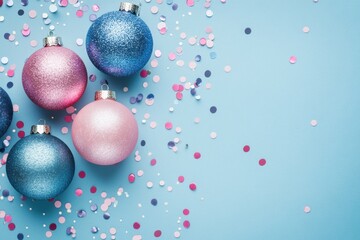 Sparkling christmas ornaments and colorful confetti on blue background