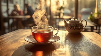 Steaming cup of tea on a cafe table at golden hour.