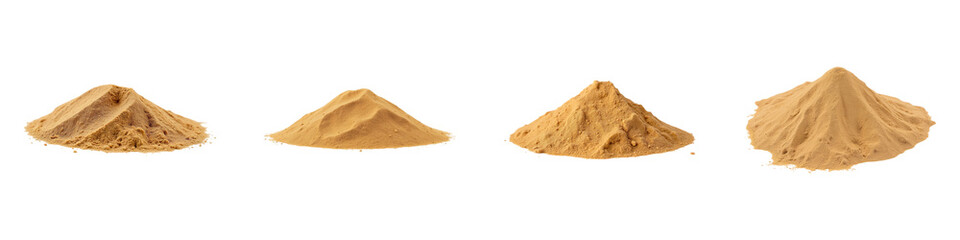 Golden powder piles arranged in row, showcasing different sizes and textures, ideal for culinary or artistic use