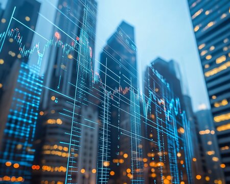 Business cityscape with a 3D graph projecting upward, reflecting robust economic growth, skyscrapers, and a dynamic atmosphere of financial success