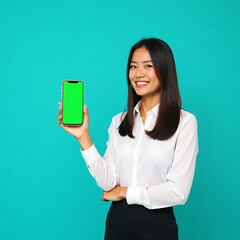 Young woman Standing and holding blank smartphone mockup, technology concept