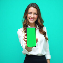 Young woman Standing and holding blank smartphone mockup, technology concept
