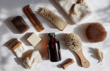 A flat lay of natural body care essentials including wooden combs, brushes, and a refillable amber bottle, promoting zero waste beauty and eco-conscious self-care routines.

