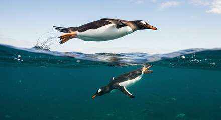 Obraz premium Penguins Diving Between Sky and Sea Underwater View