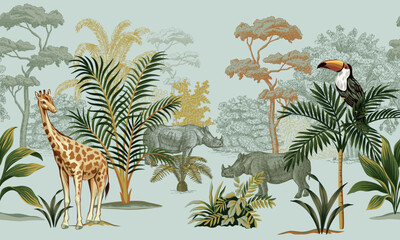 Tropical vintage botanical landscape, giraffe, rhino animal, toucan bird, palm tree, banana tree, plant floral seamless border grey background. Exotic African wallpaper. © good_mood